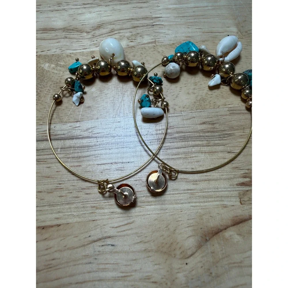 Hoop Earrings Gold Turquoise‎ Shell Bohemian Coastal Beachy Statement